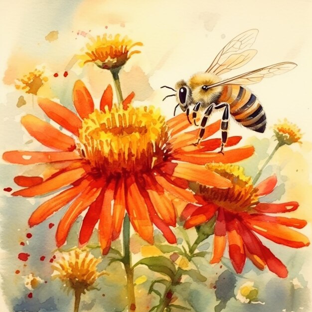 Há uma pintura de uma abelha voando sobre uma flor generativa ai