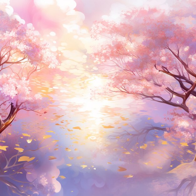 Há uma pintura de uma árvore com flores cor-de-rosa no fundo