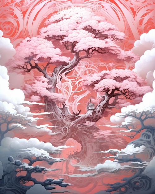 há uma pintura de uma árvore com um céu rosa ao fundo ai generativa