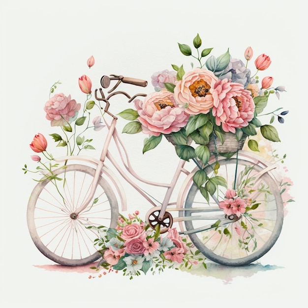 Há uma pintura de uma bicicleta com flores na frente generativa ai