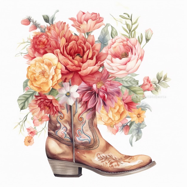 Há uma pintura de uma bota com flores nela generativa ai