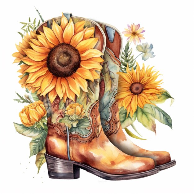 Foto há uma pintura de uma bota de cowboy com girassóis e folhas generativas ai