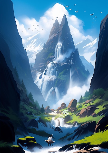 há uma pintura de uma cachoeira nas montanhas com pássaros voando ao redor de IA generativa