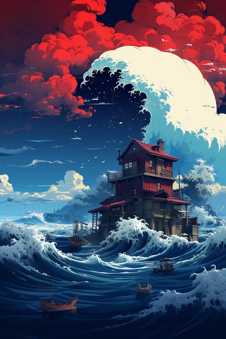 Foto há uma pintura de uma casa em uma pequena ilha no oceano.