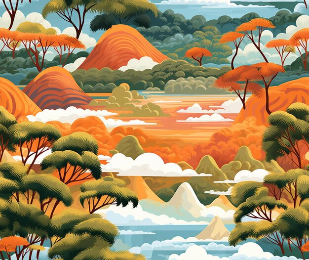 Há uma pintura de uma cena de montanha com árvores e nuvens generativa ai