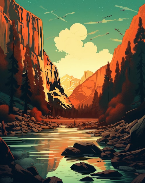 Há uma pintura de uma cena de montanha com um rio generativo ai