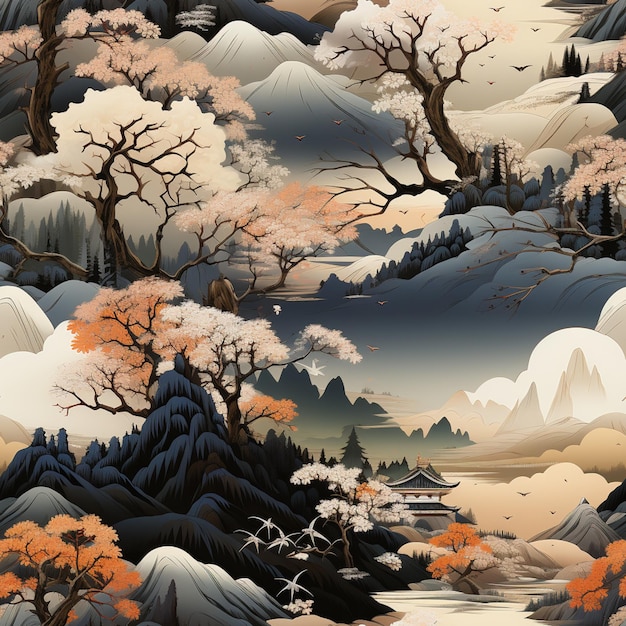 Há uma pintura de uma cena de montanha com um rio generativo ai