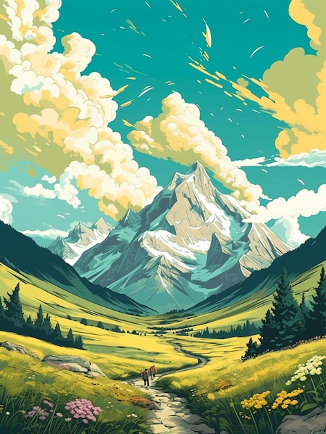 Há uma pintura de uma cena de montanha com uma pessoa caminhando em um caminho generativo ai
