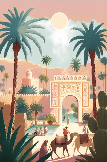 Foto há uma pintura de uma cena do deserto com camelos e palmeiras generativas ai