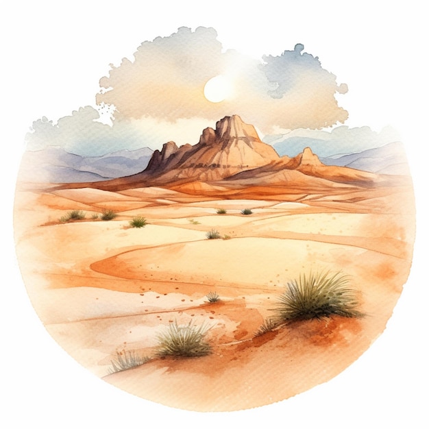 Há uma pintura de uma cena do deserto com uma montanha no fundo generativo ai
