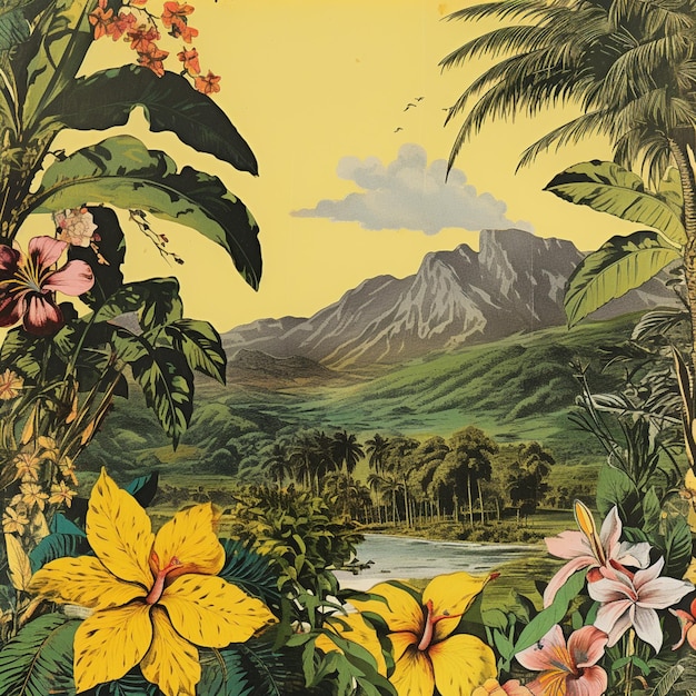 Há uma pintura de uma cena tropical com flores e montanhas generativa ai