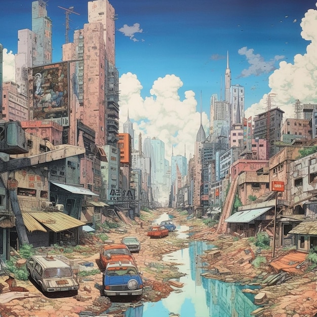 Há uma pintura de uma cidade com um rio correndo através dela.