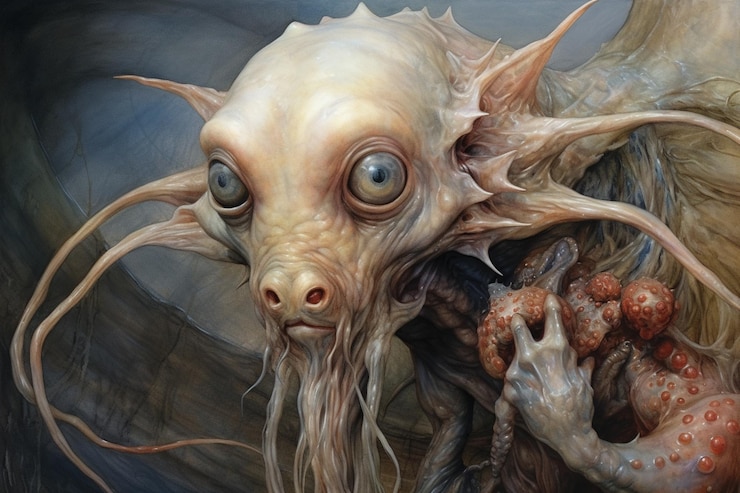 Foto há uma pintura de uma criatura com uma cabeça enorme.