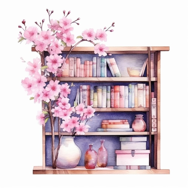 Há uma pintura de uma estante de livros com livros e flores generativa ai