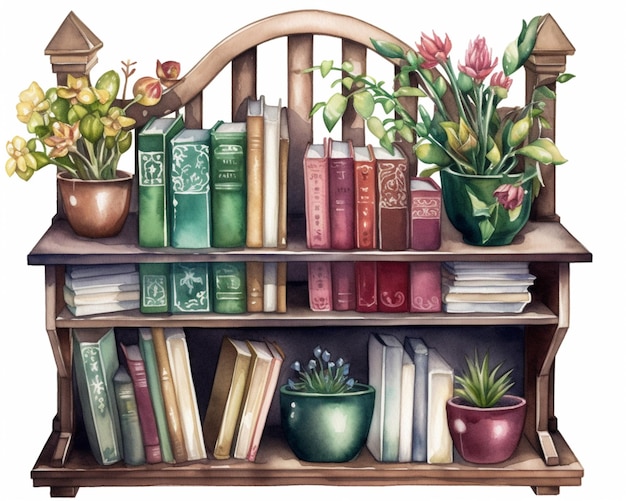 há uma pintura de uma estante de livros com livros e plantas generativas ai