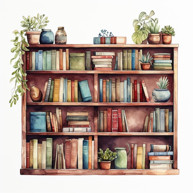 há uma pintura de uma estante de livros com livros e plantas generativas ai