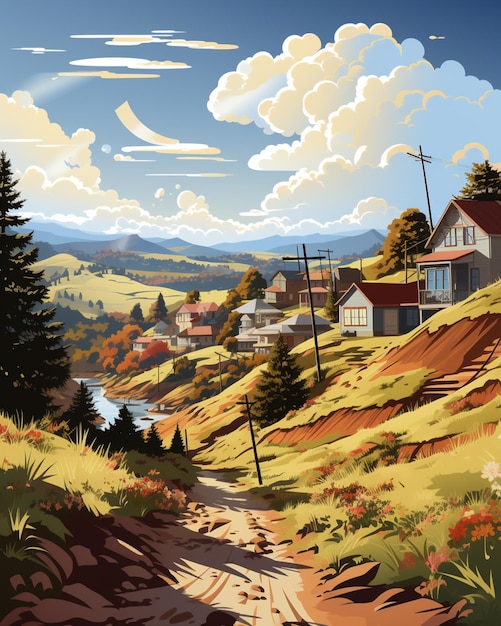 há uma pintura de uma estrada rural com casas ao lado generativa ai