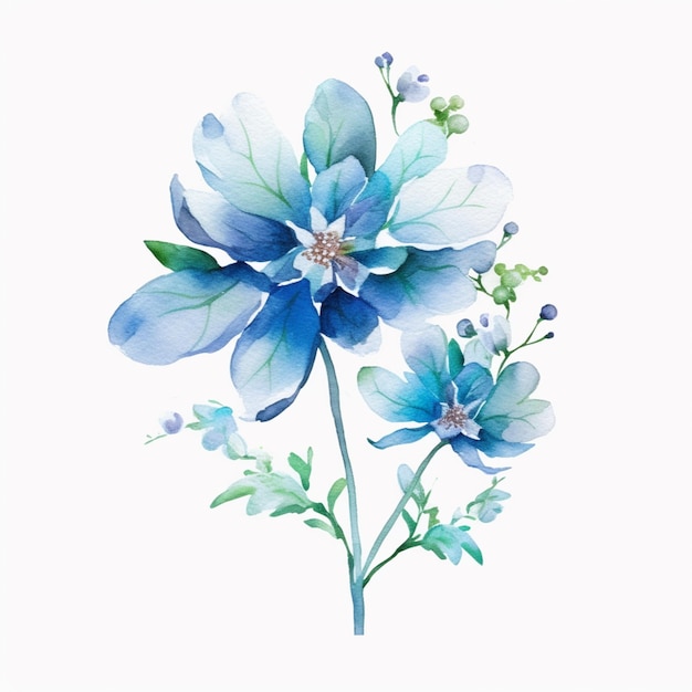 Há uma pintura de uma flor azul com folhas verdes generativas ai