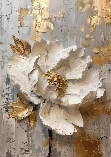 Há uma pintura de uma flor branca em um fundo dourado generativo ai