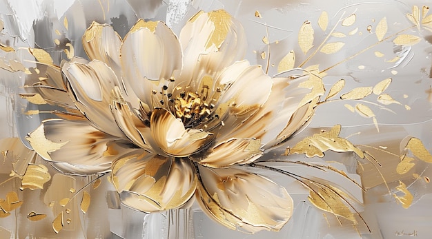 Há uma pintura de uma flor com folhas de ouro sobre ela generativa ai