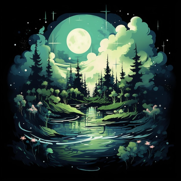 Há uma pintura de uma floresta com um rio e uma lua cheia generativa ai