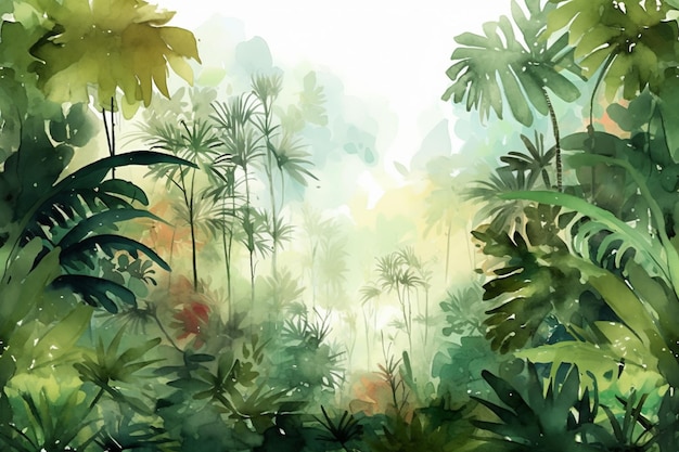 Há uma pintura de uma floresta tropical com muitas árvores generativas ai