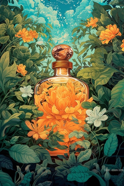 Há uma pintura de uma garrafa de perfume cercada por flores generativas ai