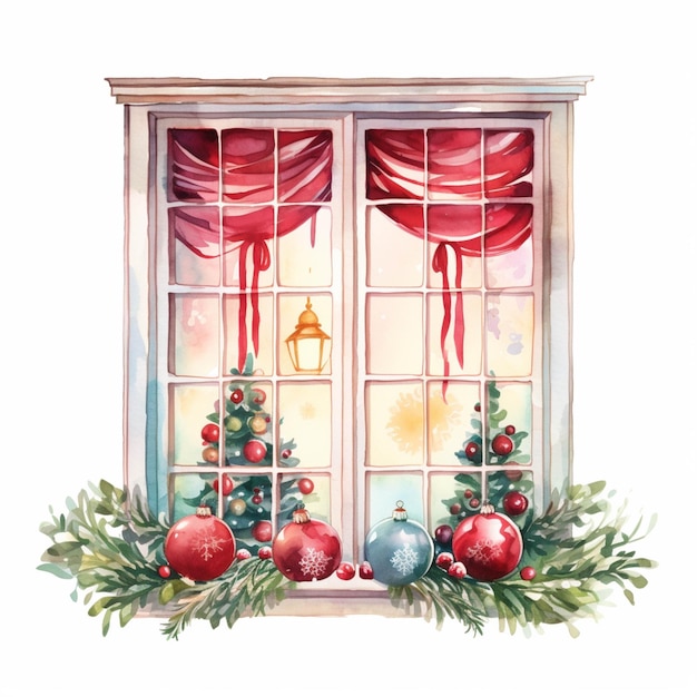 Há uma pintura de uma janela com decorações de Natal generativa ai