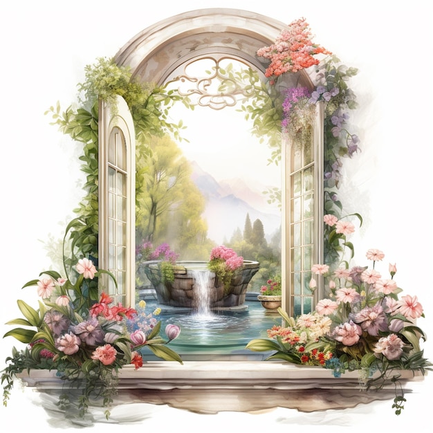 Há uma pintura de uma janela com uma cachoeira e flores generativas ai