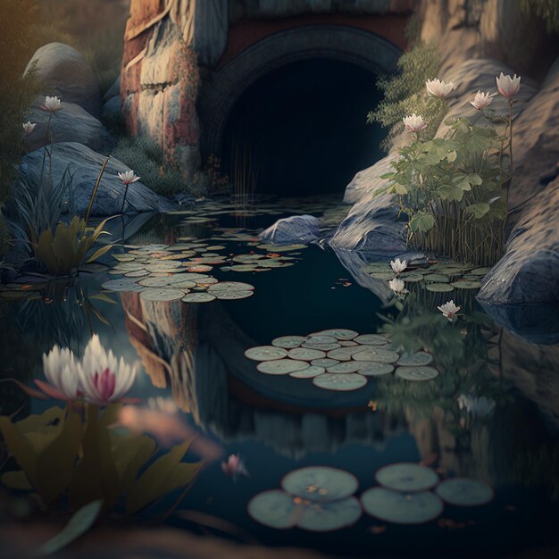 Há uma pintura de uma lagoa com lírios de água e uma ponte generativa ai