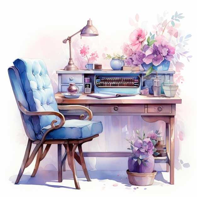 Há uma pintura de uma mesa com um rádio e flores generativas ai