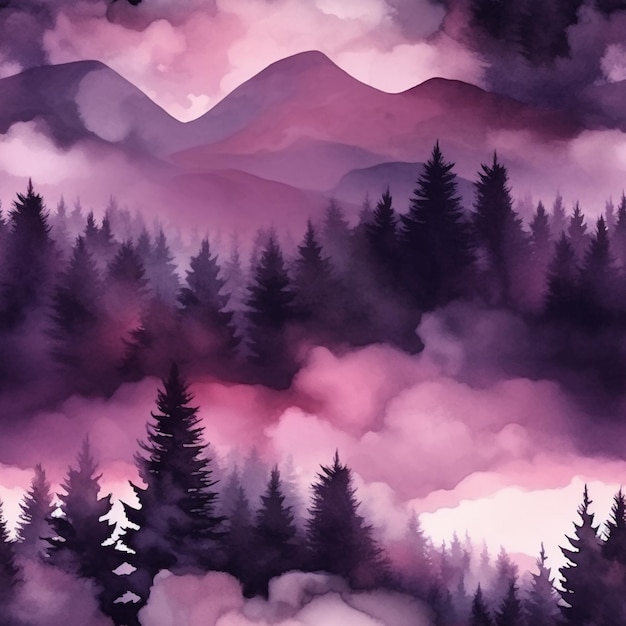 Há uma pintura de uma montanha com árvores em primeiro plano.