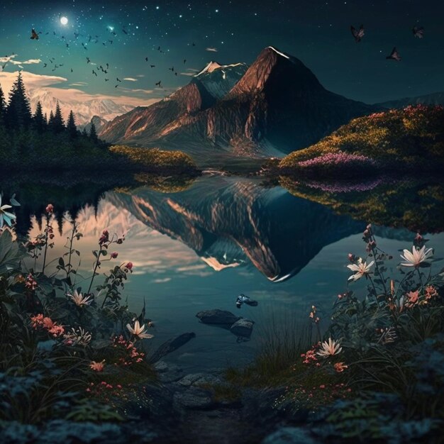 há uma pintura de uma montanha com um lago e flores generativas ai