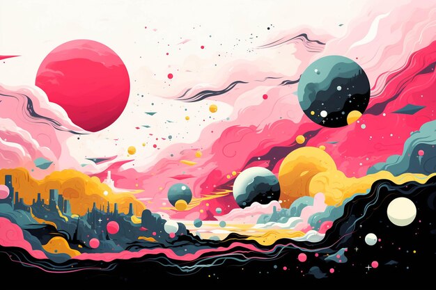 Há uma pintura de uma paisagem colorida com planetas e nuvens generativas ai