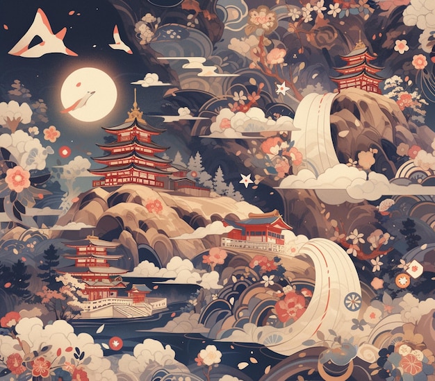 Há uma pintura de uma paisagem japonesa com uma lua cheia generativa ai