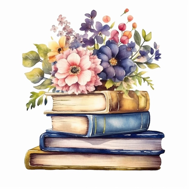 Há uma pintura de uma pilha de livros com flores no topo.