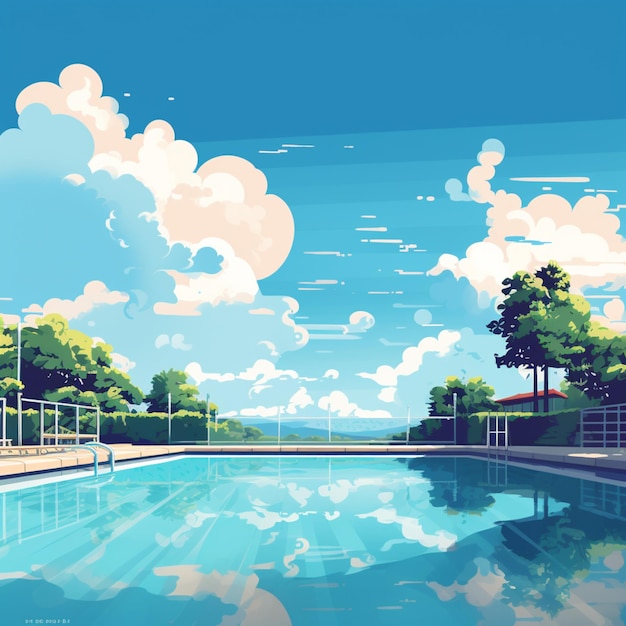 Há uma pintura de uma piscina com um céu de fundo generativo ai