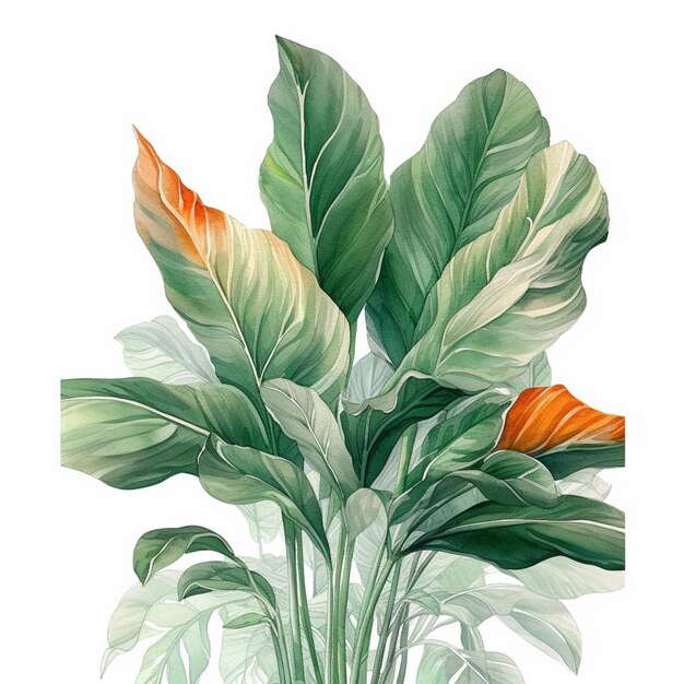 Há uma pintura de uma planta com folhas verdes e flores laranjas generativa ai