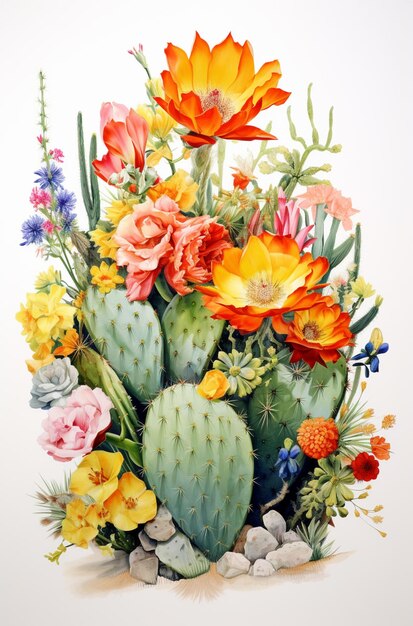 Há uma pintura de uma planta de cactus com flores nela.