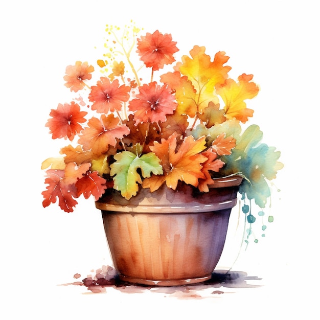 Há uma pintura de uma planta em vaso com flores nela.