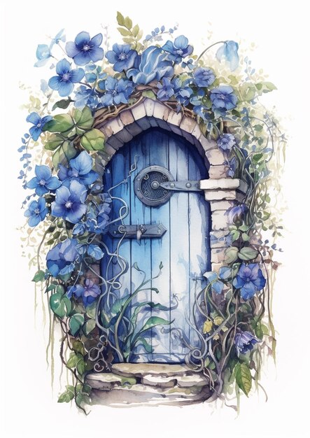 Foto há uma pintura de uma porta azul com flores nela.
