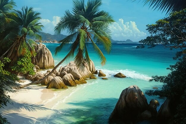 Foto há uma pintura de uma praia com palmeiras e rochas generativas ai