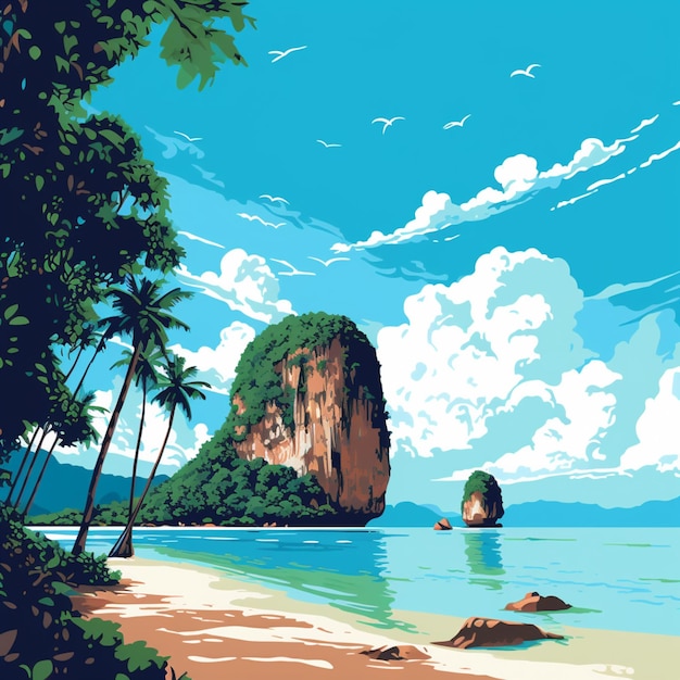 Há uma pintura de uma praia com uma rocha na água generativa ai