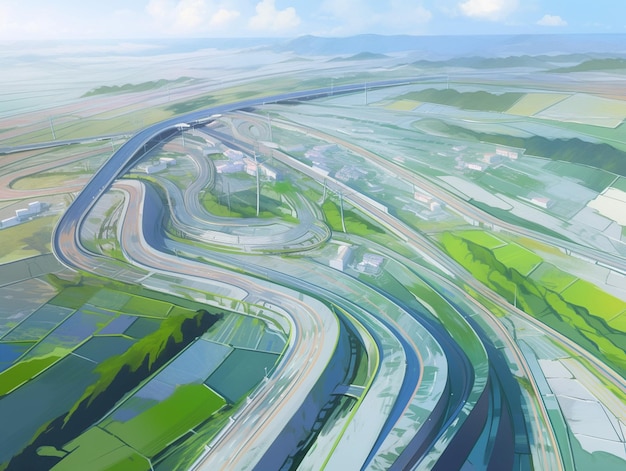 Há uma pintura de uma rodovia e uma rodovia no meio de um campo generativo ai