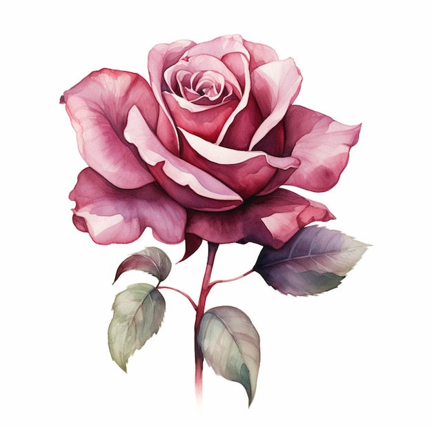 Há uma pintura de uma rosa com folhas nela.