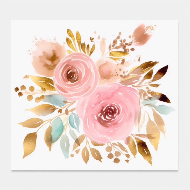 Há uma pintura de uma rosa rosa e flor de ouro generativa ai