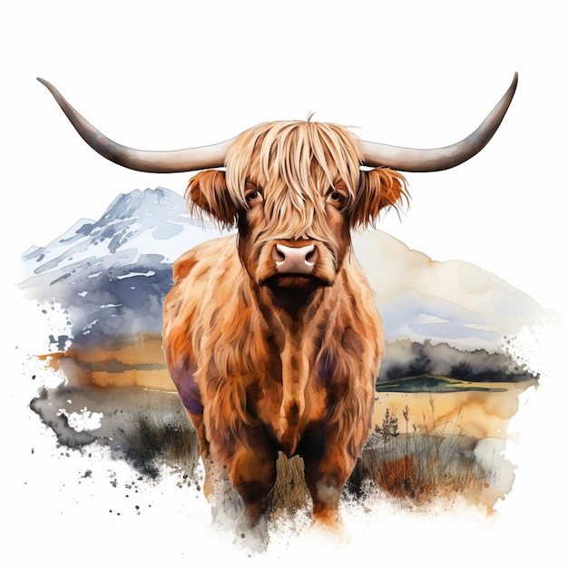 Há uma pintura de uma vaca com longos chifres de pé em um campo generativo ai