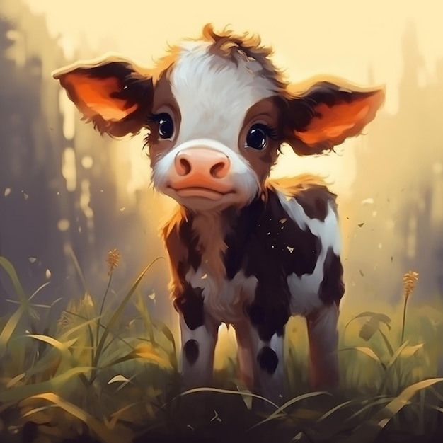 Há uma pintura de uma vaca de pé em um campo generativo ai