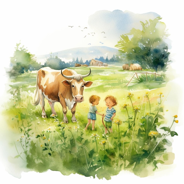 há uma pintura de uma vaca e uma criança em um campo generativo ai