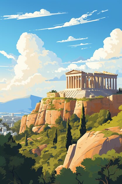 Foto há uma pintura de uma vista de uma colina com um templo no topo generativo ai